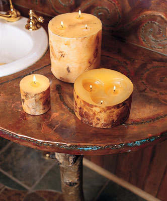 Amate bark lantern beeswax candles from Inara (888-688-7565, www.inaraorganic.com) create a mood of primitive simplicity, bringing a soft glow and delicious scent into the bathroom.